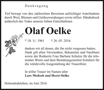 Traueranzeige von Olaf Oelke  von Magdeburger Volksstimme
