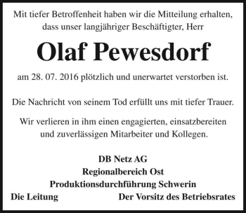 Traueranzeige von Olaf Pewesdorf  von Magdeburger Volksstimme