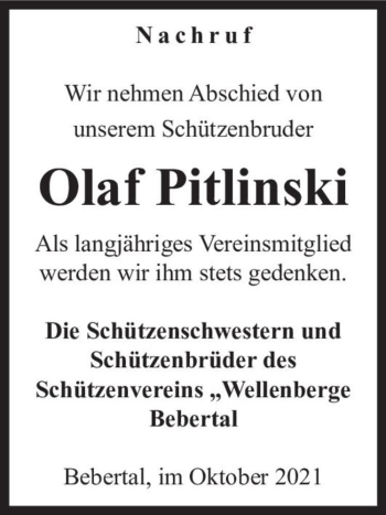 Traueranzeige von Olaf Pitlinski  von Magdeburger Volksstimme