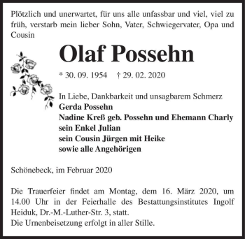 Traueranzeige von Olaf Possehn  von Magdeburger Volksstimme