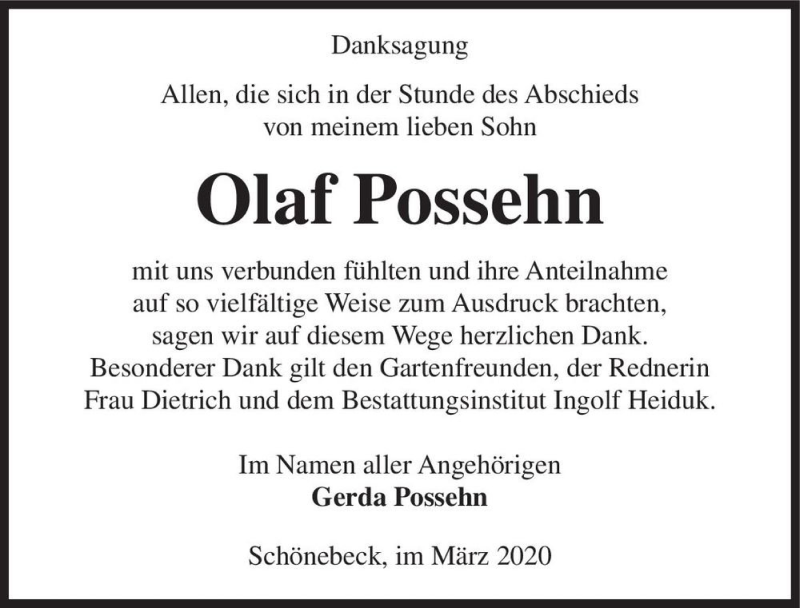  Traueranzeige für Olaf Possehn  vom 28.03.2020 aus Magdeburger Volksstimme