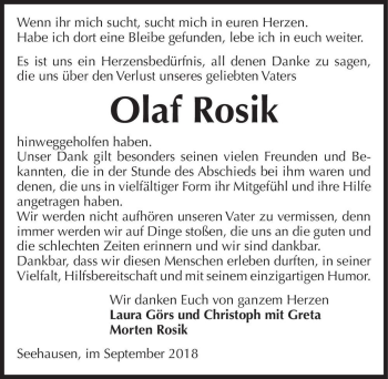 Traueranzeige von Olaf Rosik  von Magdeburger Volksstimme