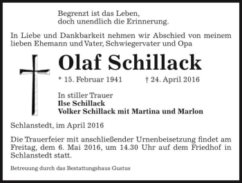 Traueranzeige von Olaf Schillack  von Magdeburger Volksstimme