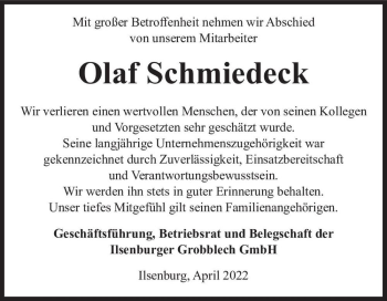 Traueranzeige von Olaf Schmiedeck  von Magdeburger Volksstimme