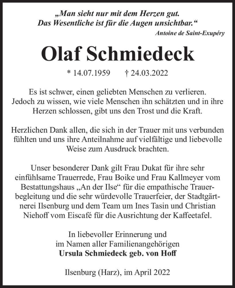  Traueranzeige für Olaf Schmiedeck  vom 23.04.2022 aus Magdeburger Volksstimme