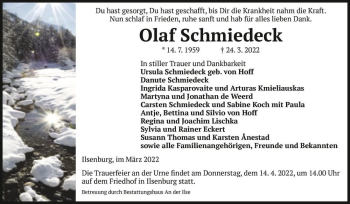 Traueranzeige von Olaf Schmiedeck  von Magdeburger Volksstimme