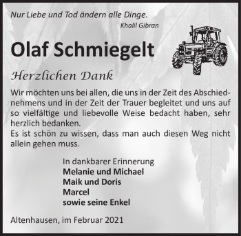 Traueranzeige von Olaf Schmiegelt  von Magdeburger Volksstimme