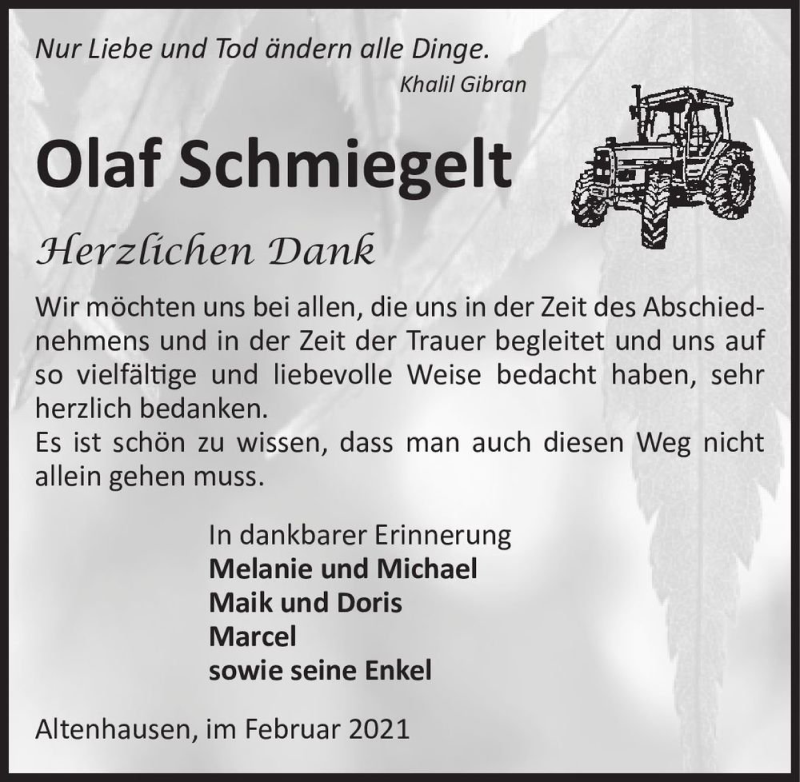  Traueranzeige für Olaf Schmiegelt  vom 27.03.2021 aus Magdeburger Volksstimme