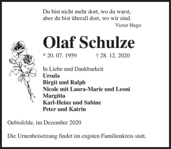 Traueranzeige von Olaf Schulze  von Magdeburger Volksstimme
