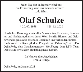Traueranzeige von Olaf Schulze  von Magdeburger Volksstimme