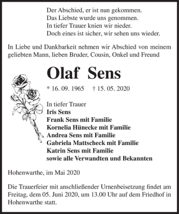 Traueranzeige von Olaf Sens  von Magdeburger Volksstimme