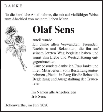 Traueranzeige von Olaf Sens  von Magdeburger Volksstimme