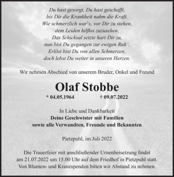 Traueranzeige von Olaf Stobbe  von Magdeburger Volksstimme