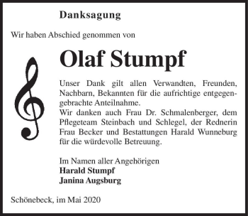 Traueranzeige von Olaf Stumpf  von Magdeburger Volksstimme
