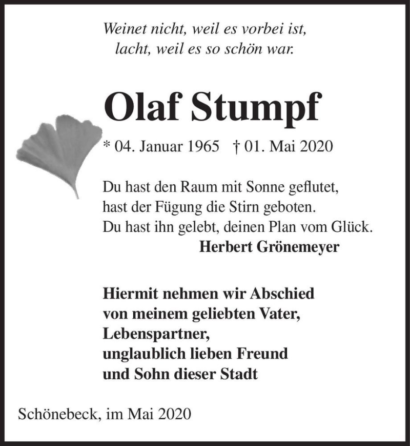  Traueranzeige für Olaf Stumpf  vom 09.05.2020 aus Magdeburger Volksstimme