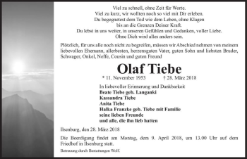 Traueranzeige von Olaf Tiebe  von Magdeburger Volksstimme