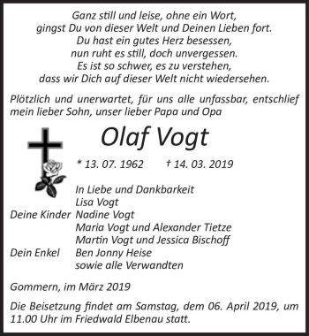 Traueranzeige von Olaf Vogt  von Magdeburger Volksstimme