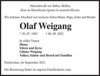 Traueranzeige von Olaf Weigang  von Magdeburger Volksstimme