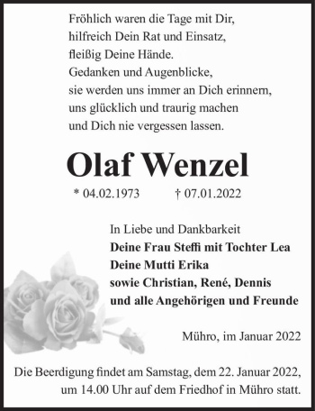 Traueranzeige von Olaf Wenzel  von Magdeburger Volksstimme
