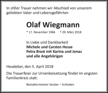 Traueranzeige von Olaf Wiegmann  von Magdeburger Volksstimme