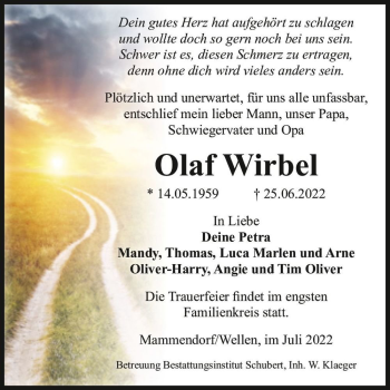Traueranzeige von Olaf Wirbel  von Magdeburger Volksstimme