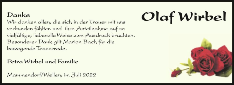  Traueranzeige für Olaf Wirbel  vom 06.08.2022 aus Magdeburger Volksstimme