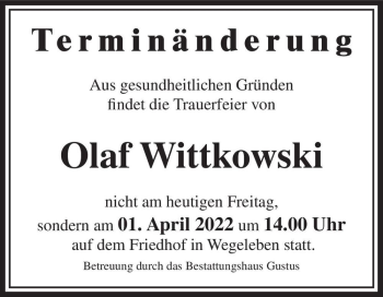 Traueranzeige von Olaf Wittkowski  von Magdeburger Volksstimme