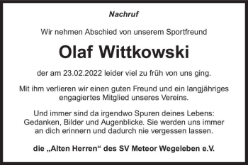Traueranzeige von Olaf Wittkowski  von Magdeburger Volksstimme