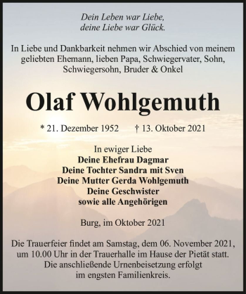 Traueranzeige von Olaf Wohlgemuth  von Magdeburger Volksstimme