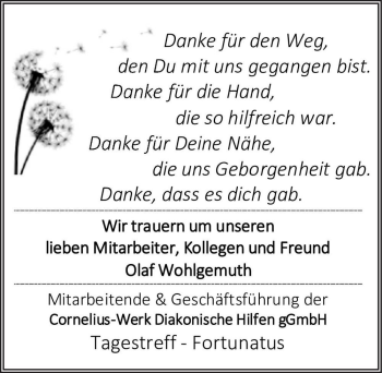 Traueranzeige von Olaf Wohlgemuth  von Magdeburger Volksstimme