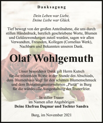Traueranzeige von Olaf Wohlgemuth  von Magdeburger Volksstimme