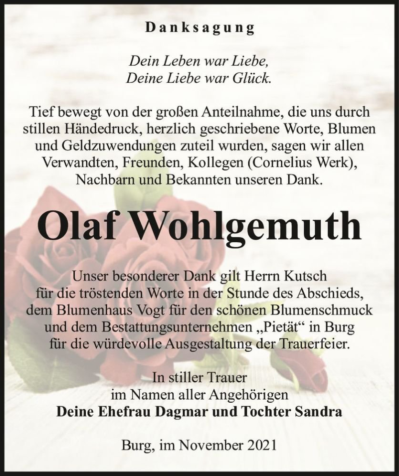  Traueranzeige für Olaf Wohlgemuth  vom 13.11.2021 aus Magdeburger Volksstimme