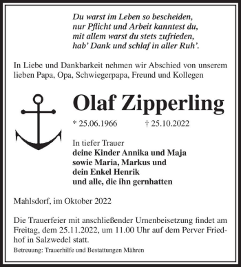 Traueranzeige von Olaf Zipperling  von Magdeburger Volksstimme
