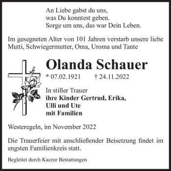 Traueranzeige von Olanda Schauer  von Magdeburger Volksstimme