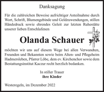Traueranzeige von Olanda Schauer  von Magdeburger Volksstimme