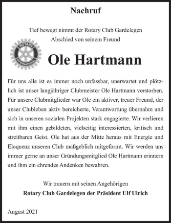Traueranzeige von Ole Hartmann  von Magdeburger Volksstimme