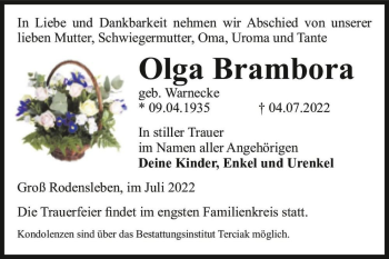 Traueranzeige von Olga Brambora (geb. Warnecke)  von Magdeburger Volksstimme
