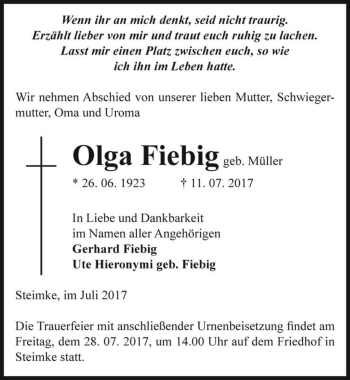Traueranzeige von Olga Fiebig (geb. Müller)  von Magdeburger Volksstimme