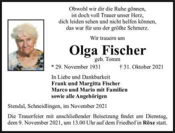 Traueranzeige von Olga Fischer (geb. Tomm)  von Magdeburger Volksstimme