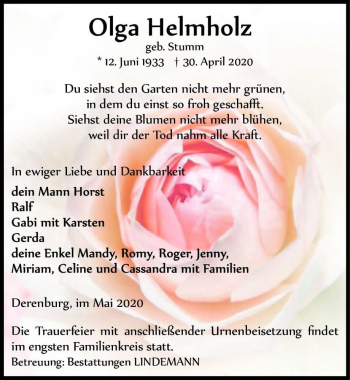 Traueranzeige von Olga Helmholz (geb. Stumm)  von Magdeburger Volksstimme
