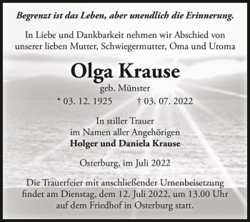 Traueranzeige von Olga Krause (geb. Münster)  von Magdeburger Volksstimme