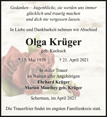 Traueranzeige von Olga Krüger (geb. Kuckuck)  von Magdeburger Volksstimme