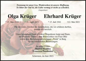 Traueranzeige von Olga Krüger und Ehrhard Krüger  von Magdeburger Volksstimme
