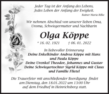 Traueranzeige von Olga Köppe  von Magdeburger Volksstimme