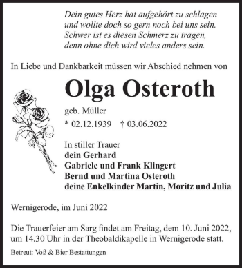 Traueranzeige von Olga Osteroth (geb. Müller)  von Magdeburger Volksstimme