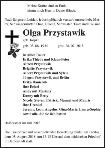 Traueranzeige von Olga Przystawik (geb. Kopka)  von Magdeburger Volksstimme