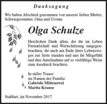 Traueranzeige von Olga Schulze  von Magdeburger Volksstimme