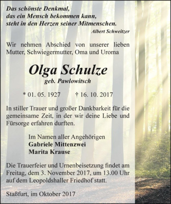 Traueranzeige von Olga Schulze (geb. Pawlowitsch)  von Magdeburger Volksstimme