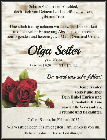 Traueranzeige von Olga Seiler (geb. Fetke)  von Magdeburger Volksstimme