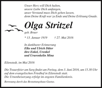 Traueranzeige von Olga Stritzel (geb. Bruer)  von Magdeburger Volksstimme